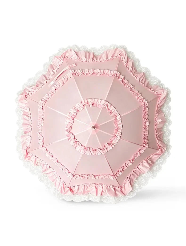 Pink Lace Lolita Umbrella, Long Handle Sun Parasol with Ruffled Edge, High Aesthetic Rain & Sun Umbrella for Women & Cosplay
