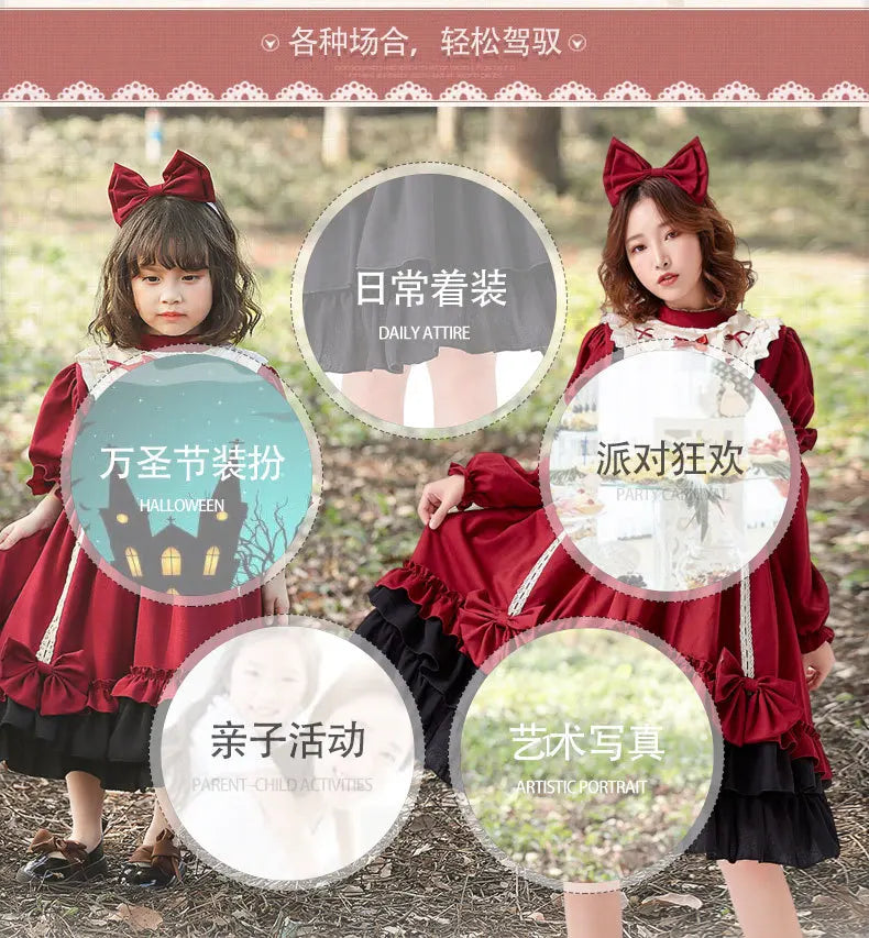 Burgundy Gothic Lolita Dress Sleeves Bowknot 3pcs Set Victorian Cosplay Anime Convention Kawaii Velvet Trim Gothic Clothing