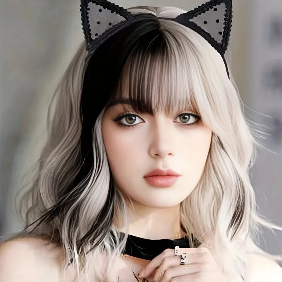 1 Black Polka Dot Cat Ear Headband - Stylish Polyester Hair Accessory, Perfect for Holidays, Parties, and Cosplay; Cute and Sexy