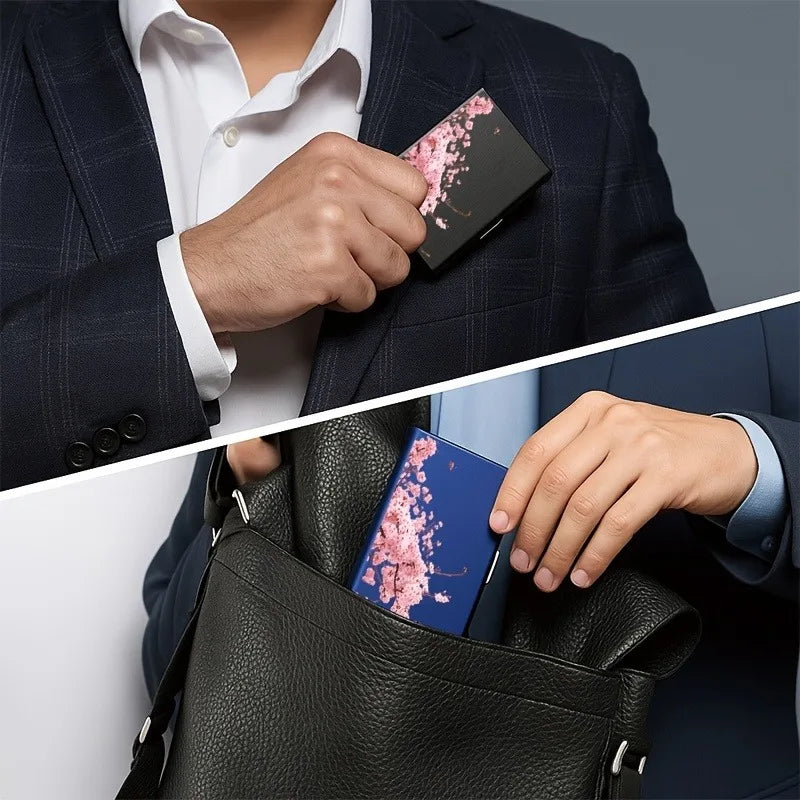 Pink cherry blossom tree branch pattern RFID anti-theft metal card holder for both men and women, safe and stylish card storage