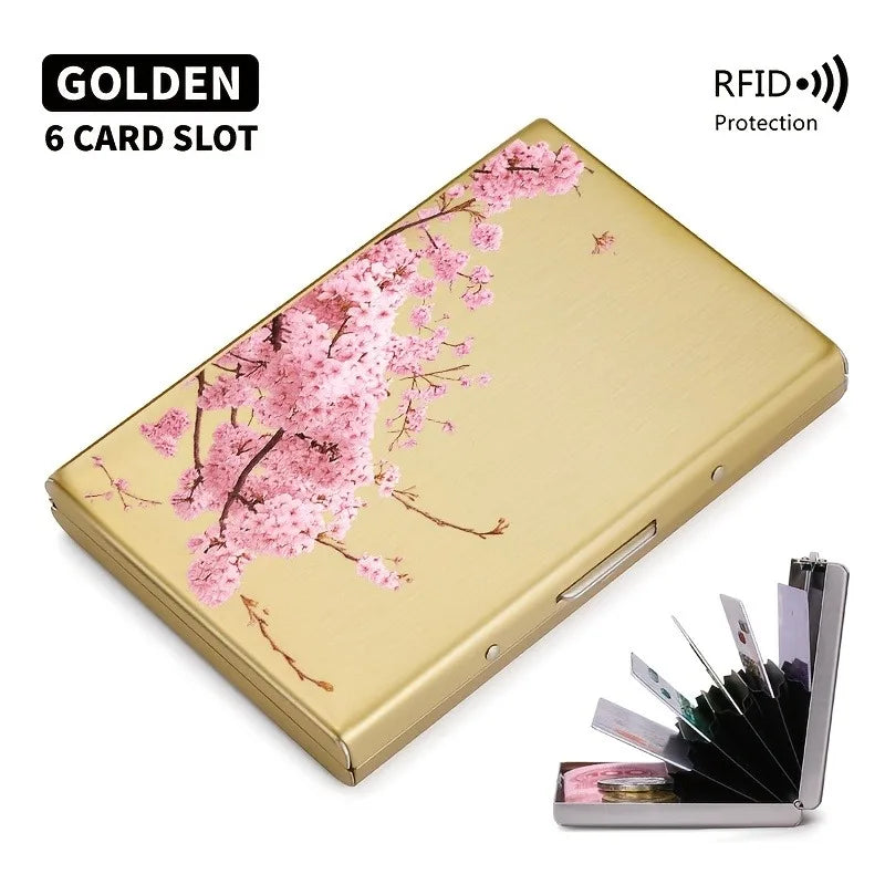 Pink cherry blossom tree branch pattern RFID anti-theft metal card holder for both men and women, safe and stylish card storage