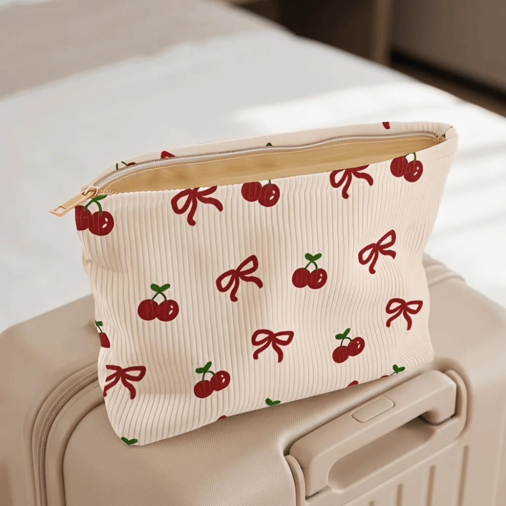 Pink Bow Corduroy Makeup Bag Corduroy Zipper Cosmetic Storage Bag Minimally Designed Lined Makeup Organizer