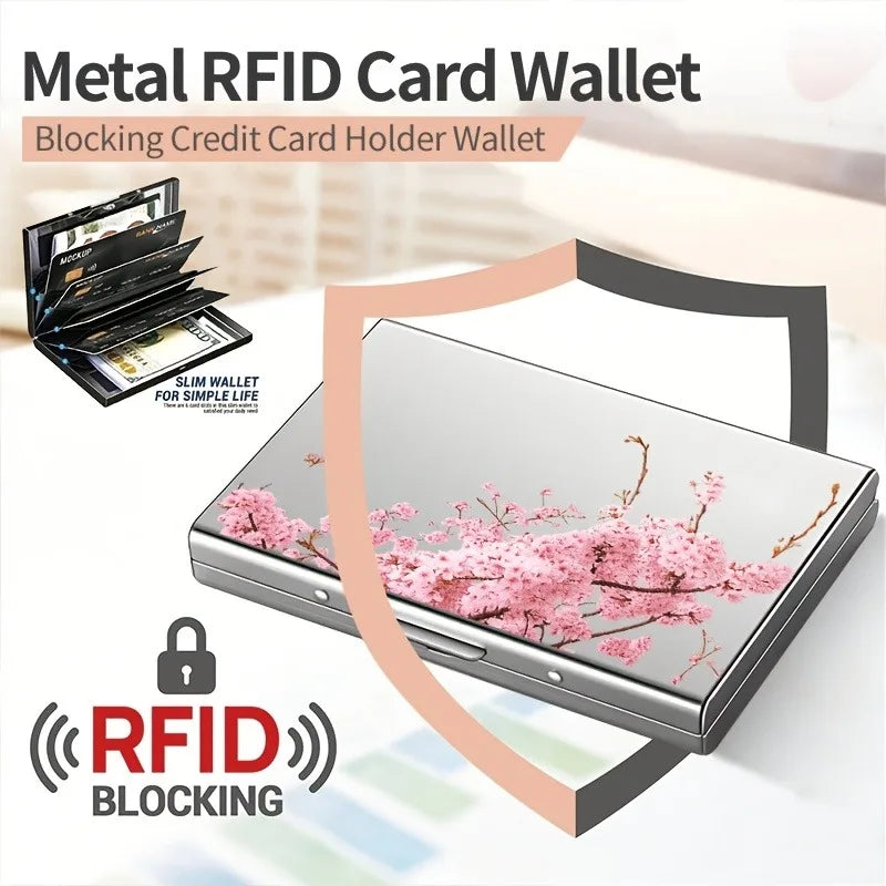 Pink cherry blossom tree branch pattern RFID anti-theft metal card holder for both men and women, safe and stylish card storage