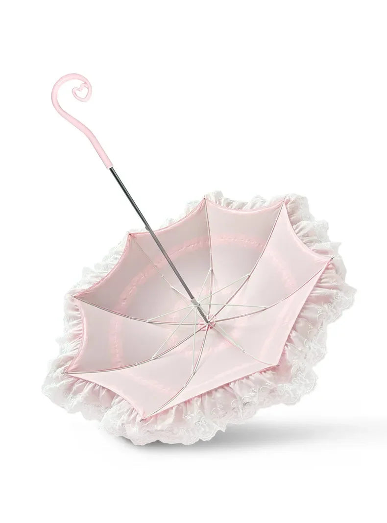 Pink Lace Lolita Umbrella, Long Handle Sun Parasol with Ruffled Edge, High Aesthetic Rain & Sun Umbrella for Women & Cosplay