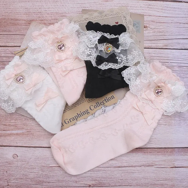 Layered Lace Lolita Socks Handmade Ankle Socks With Bow & Dangling Heart Charm Detailed Kawaii Socks For Women