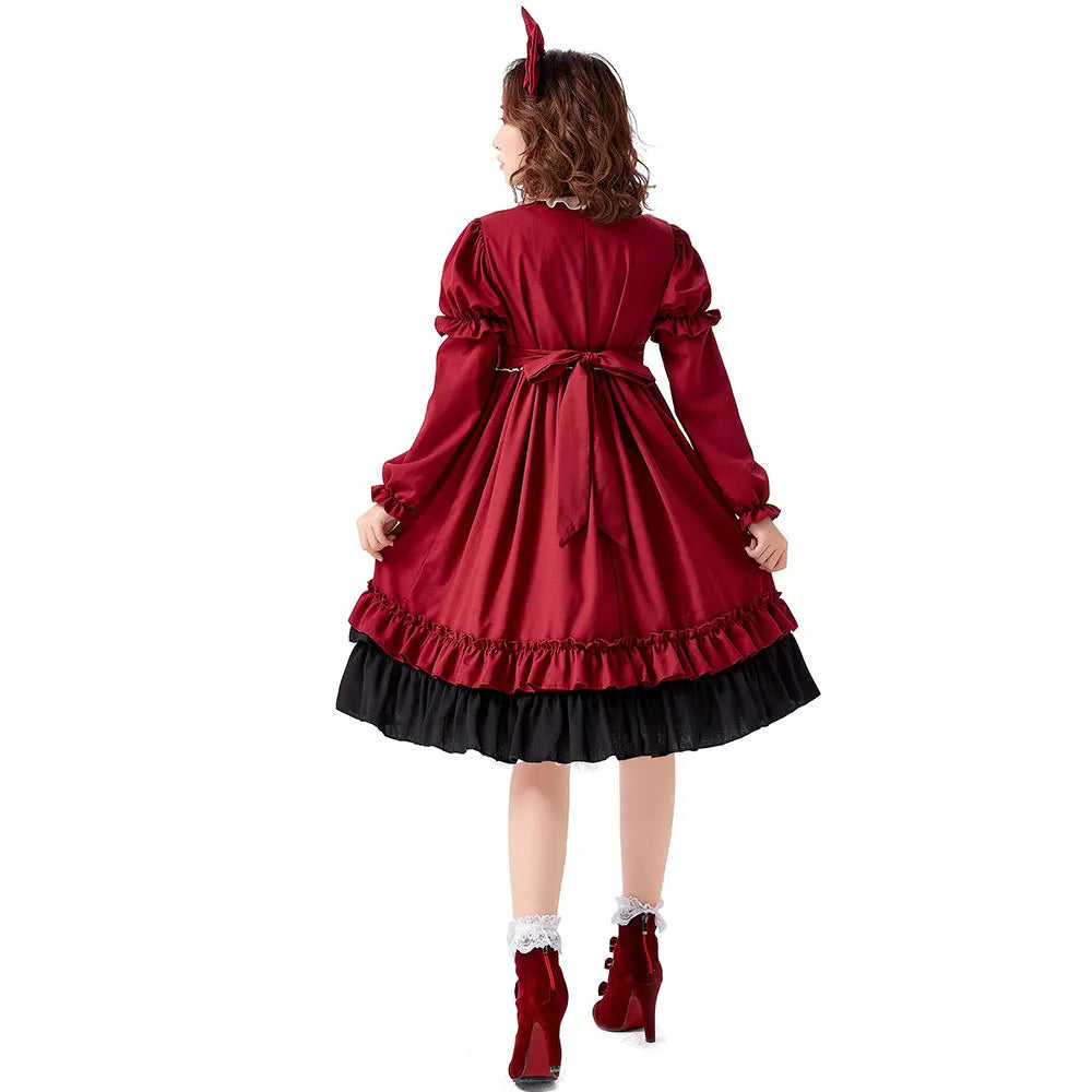 Burgundy Gothic Lolita Dress Sleeves Bowknot 3pcs Set Victorian Cosplay Anime Convention Kawaii Velvet Trim Gothic Clothing
