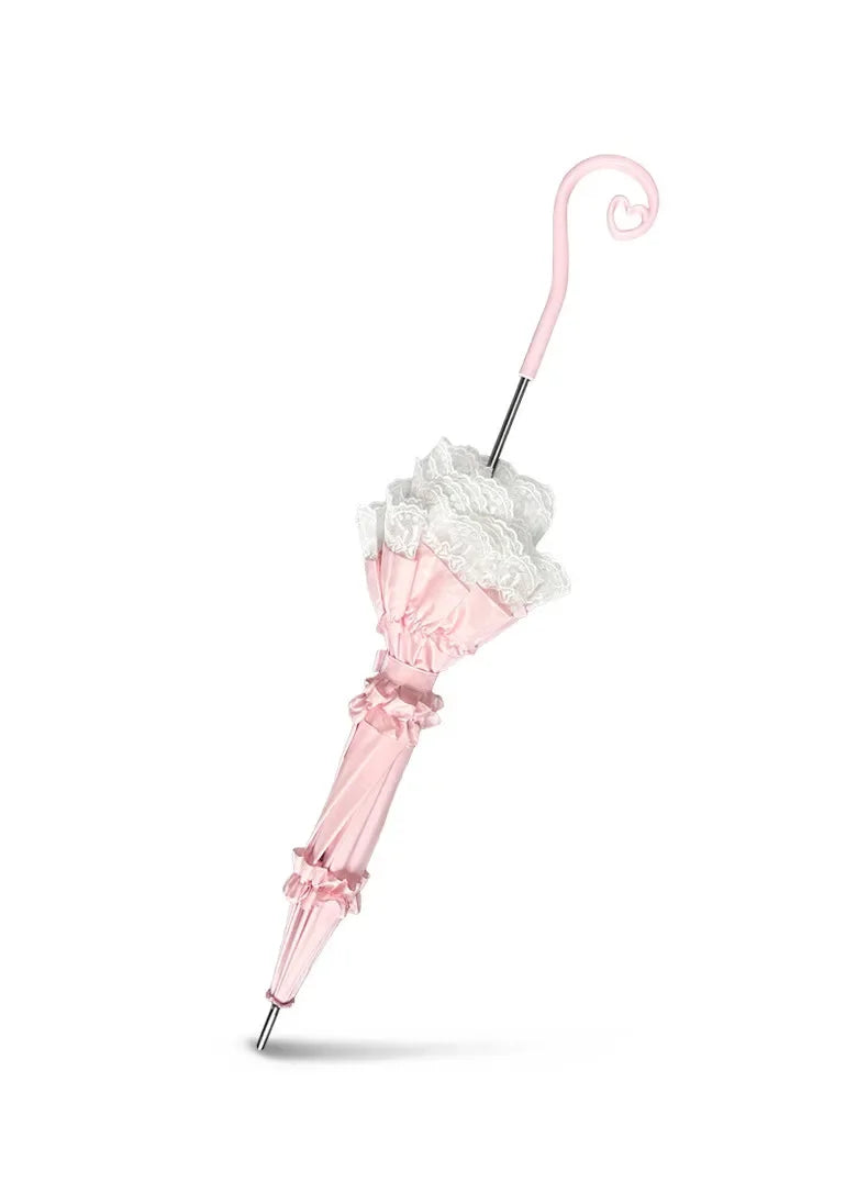 Pink Lace Lolita Umbrella, Long Handle Sun Parasol with Ruffled Edge, High Aesthetic Rain & Sun Umbrella for Women & Cosplay