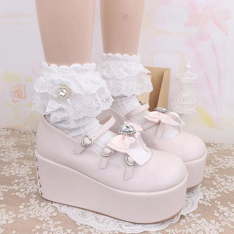 Layered Lace Lolita Socks Handmade Ankle Socks With Bow & Dangling Heart Charm Detailed Kawaii Socks For Women