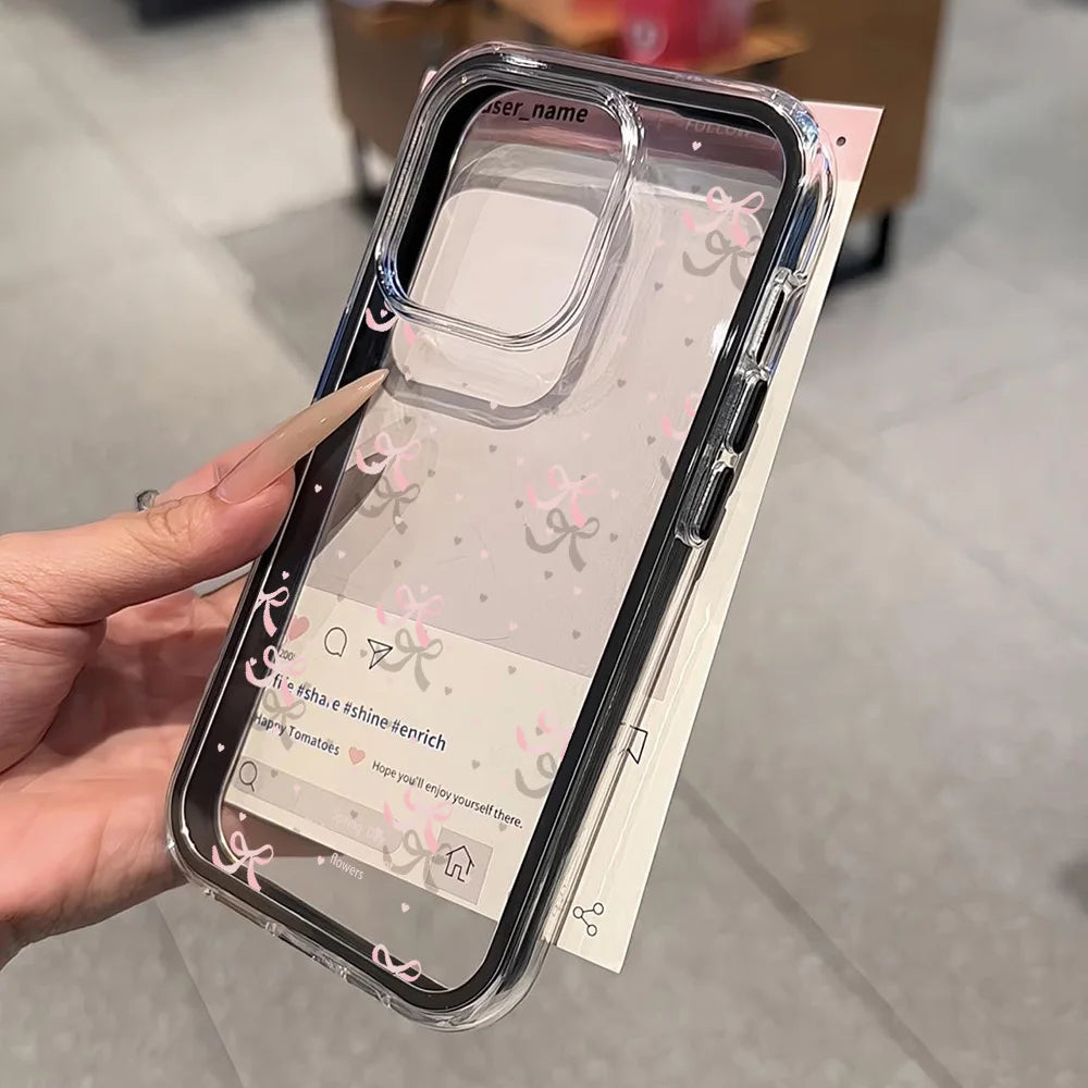 Cute Pink Bow Phone Case For iPhone 17 Pro Max Case iPhone 15 13 14 18 11 12 16 Pro Max Transparent 2 IN 1 Shockproof Soft Cover