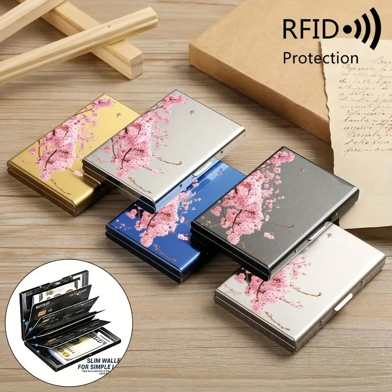 Pink cherry blossom tree branch pattern RFID anti-theft metal card holder for both men and women, safe and stylish card storage