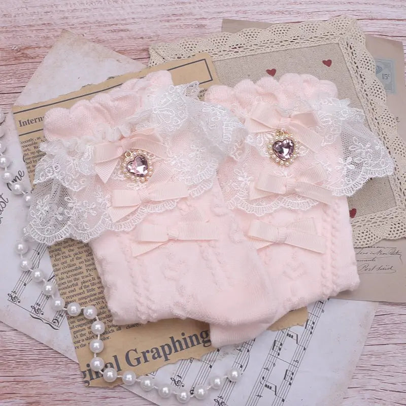 Layered Lace Lolita Socks Handmade Ankle Socks With Bow & Dangling Heart Charm Detailed Kawaii Socks For Women