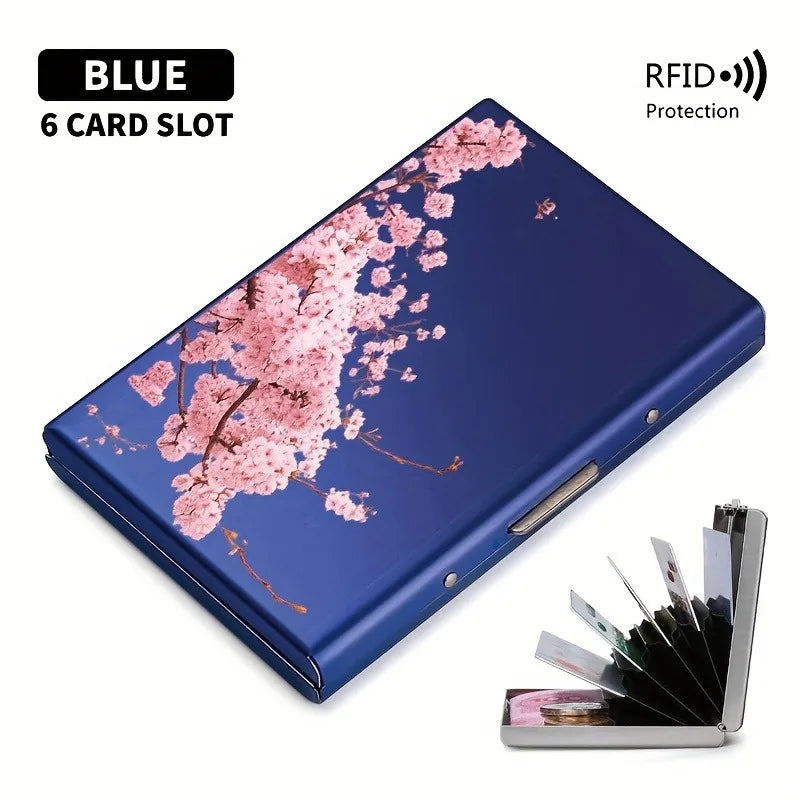 Pink cherry blossom tree branch pattern RFID anti-theft metal card holder for both men and women, safe and stylish card storage