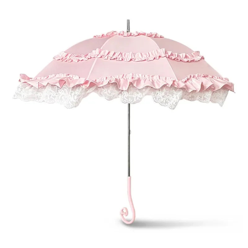 Pink Lace Lolita Umbrella, Long Handle Sun Parasol with Ruffled Edge, High Aesthetic Rain & Sun Umbrella for Women & Cosplay