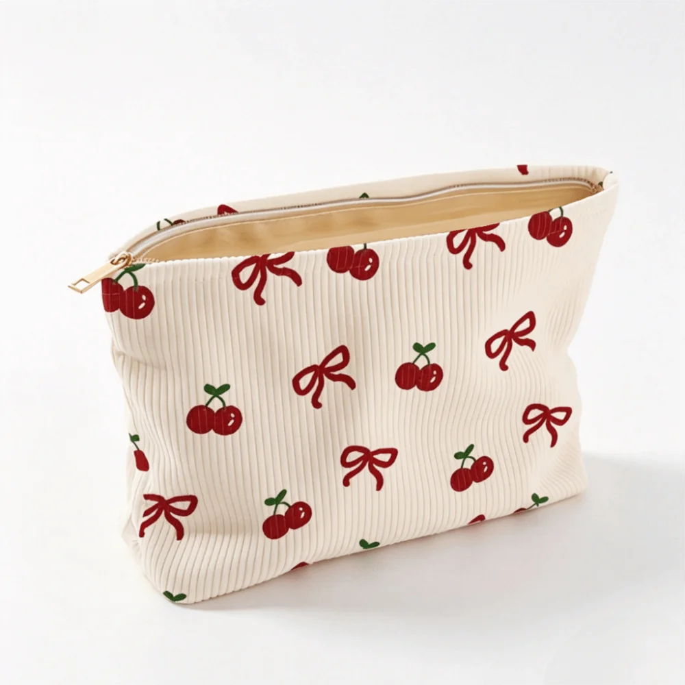 Pink Bow Corduroy Makeup Bag Corduroy Zipper Cosmetic Storage Bag Minimally Designed Lined Makeup Organizer
