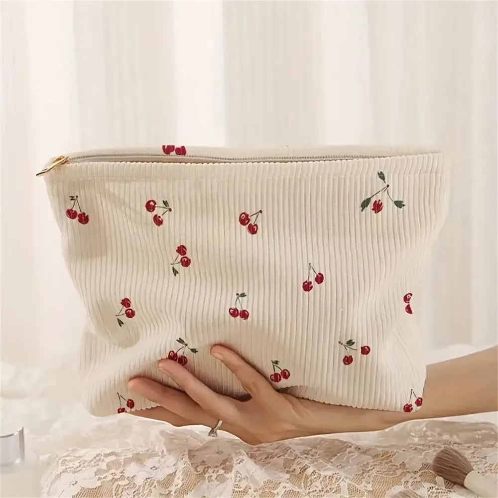 Pink Bow Corduroy Makeup Bag Corduroy Zipper Cosmetic Storage Bag Minimally Designed Lined Makeup Organizer