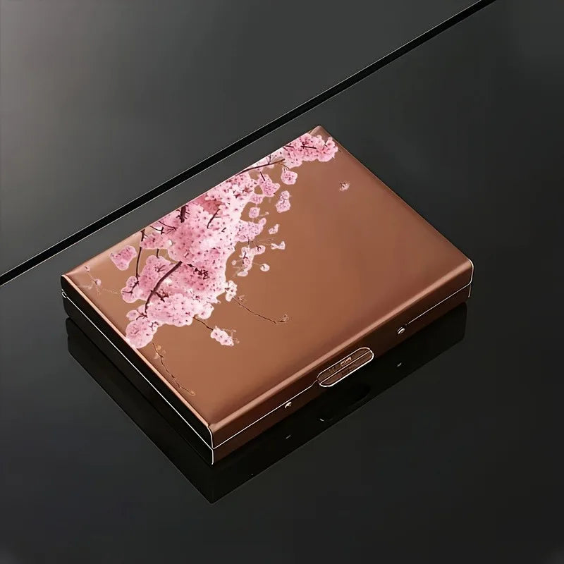 Pink cherry blossom tree branch pattern RFID anti-theft metal card holder for both men and women, safe and stylish card storage