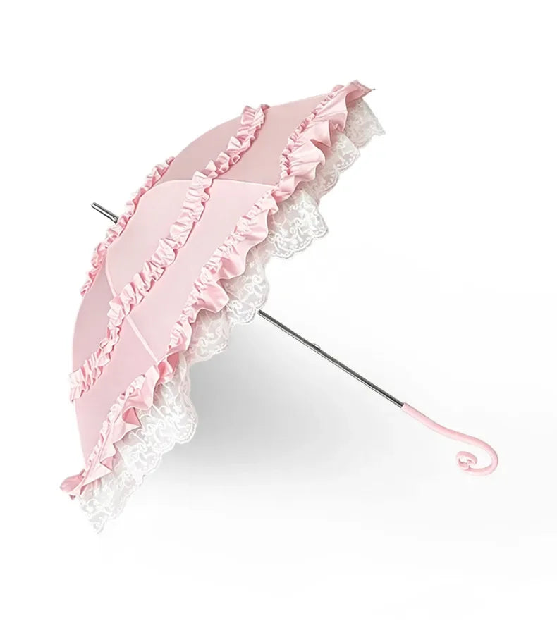 Pink Lace Lolita Umbrella, Long Handle Sun Parasol with Ruffled Edge, High Aesthetic Rain & Sun Umbrella for Women & Cosplay