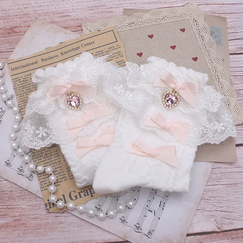 Layered Lace Lolita Socks Handmade Ankle Socks With Bow & Dangling Heart Charm Detailed Kawaii Socks For Women
