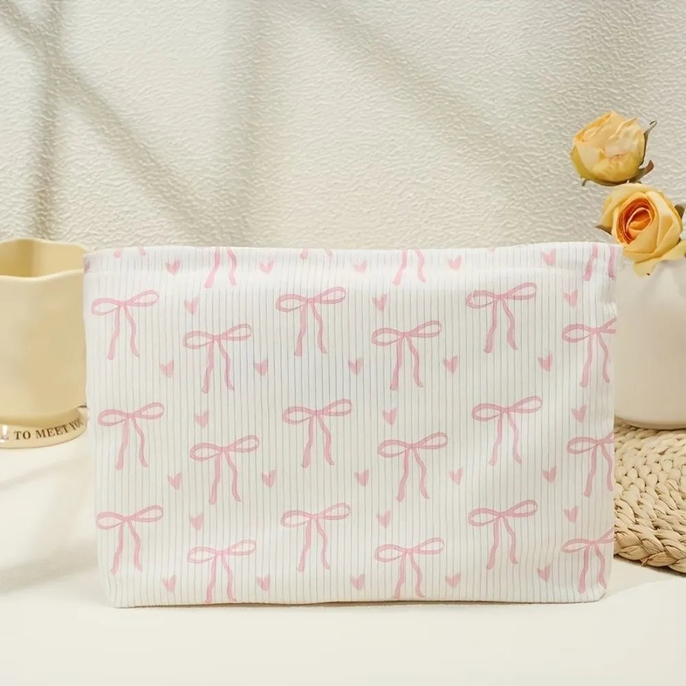 Pink Bow Corduroy Makeup Bag Corduroy Zipper Cosmetic Storage Bag Minimally Designed Lined Makeup Organizer