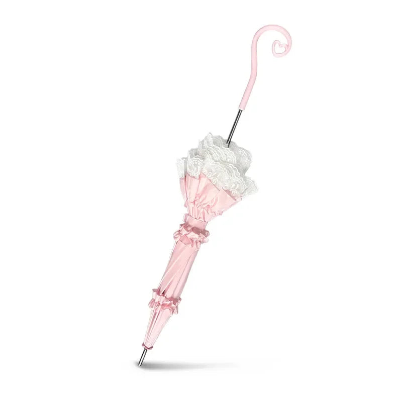 Pink Lace Lolita Umbrella, Long Handle Sun Parasol with Ruffled Edge, High Aesthetic Rain & Sun Umbrella for Women & Cosplay