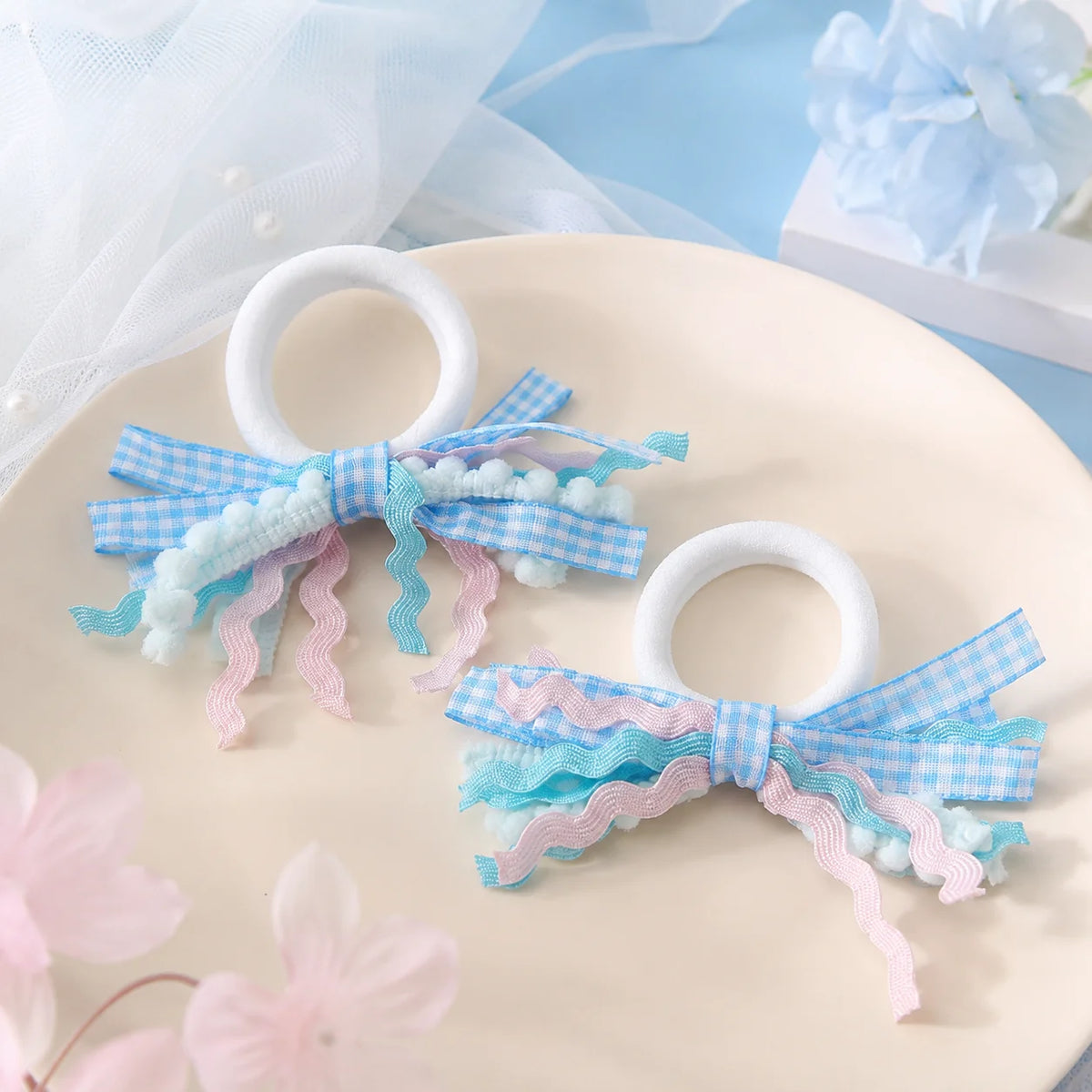 2Pcs/Set Coquette Aesthetic Gingham Bow Hair Ties Y2K Cheked Wave Ribbon Hair Elastics for Girls Kawaii Ponytail Holders