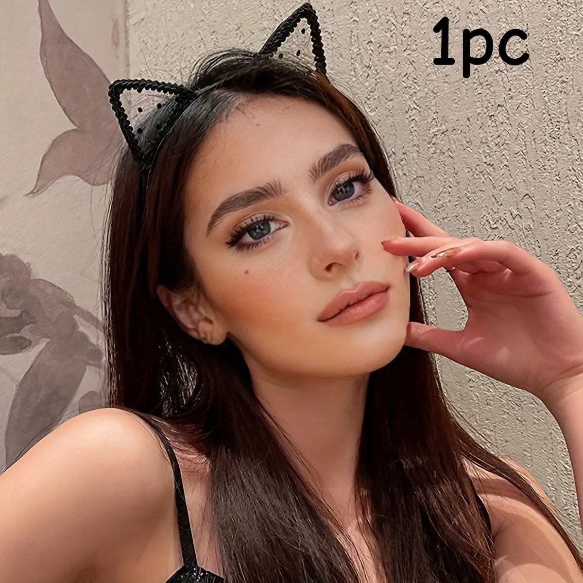 1 Black Polka Dot Cat Ear Headband - Stylish Polyester Hair Accessory, Perfect for Holidays, Parties, and Cosplay; Cute and Sexy