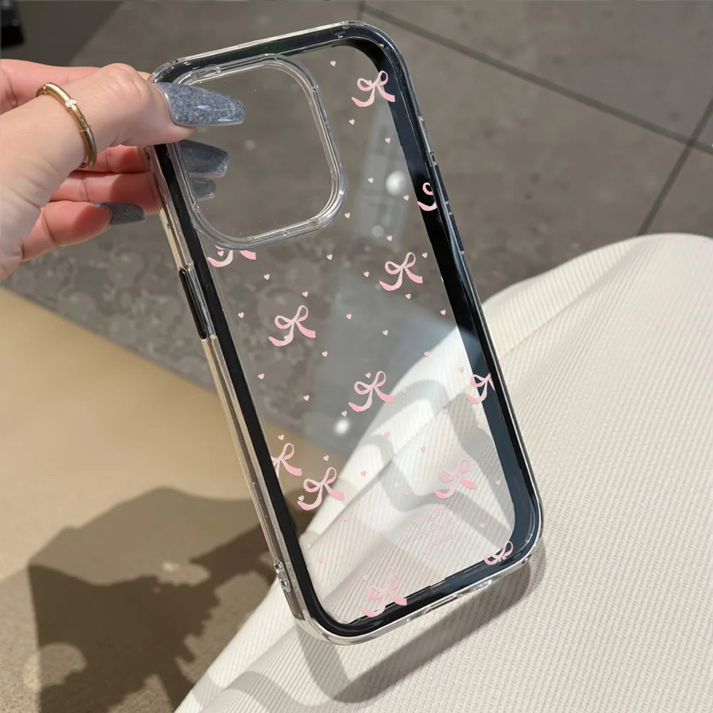 Cute Pink Bow Phone Case For iPhone 17 Pro Max Case iPhone 15 13 14 18 11 12 16 Pro Max Transparent 2 IN 1 Shockproof Soft Cover