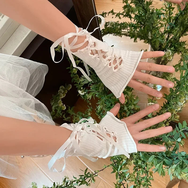 Women Lolita Jk Lace Fingerless Gloves Black Gothic DIY Strapping Sunscreen Sleeve Clothing Accessories Elastic Mesh Punk Gloves