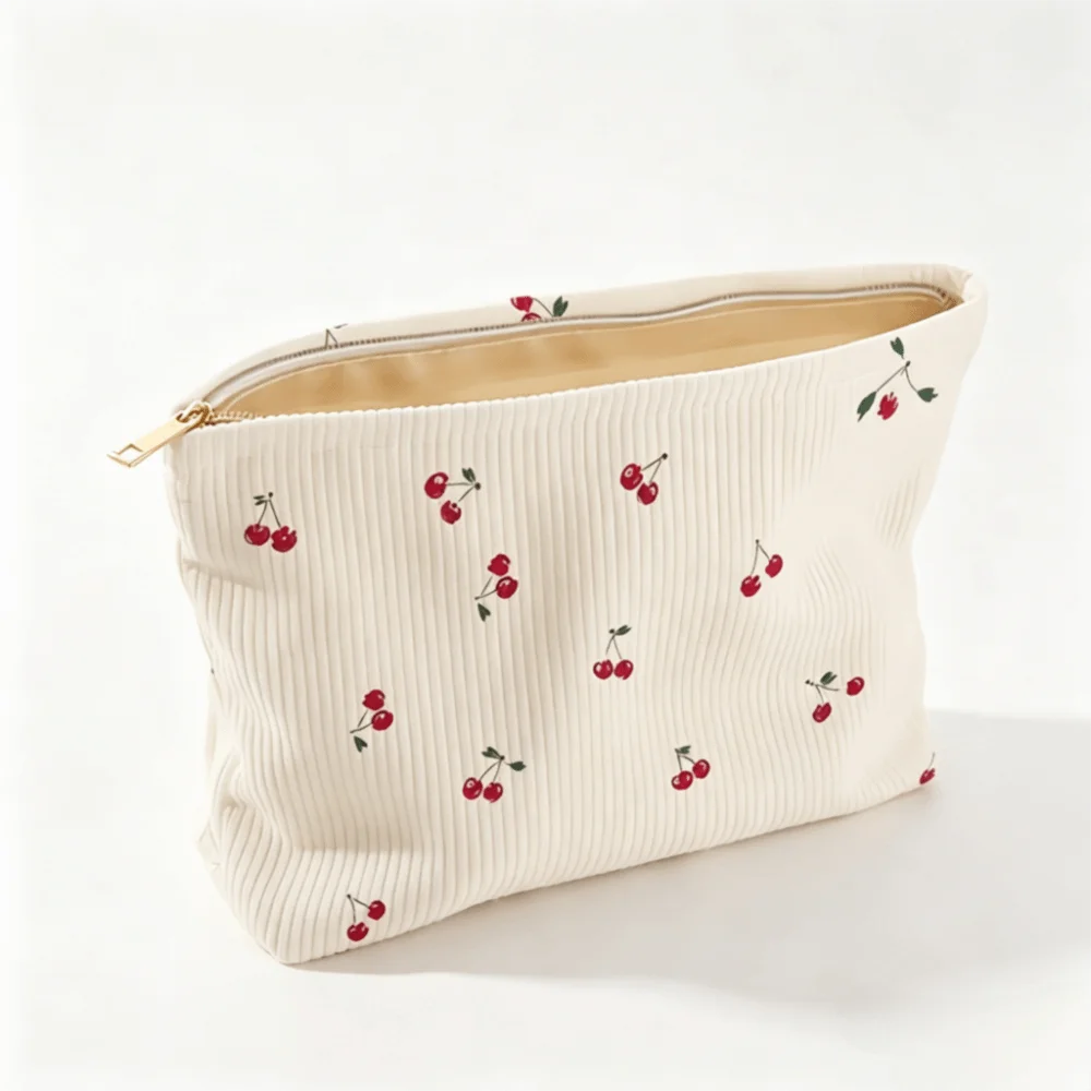 Pink Bow Corduroy Makeup Bag Corduroy Zipper Cosmetic Storage Bag Minimally Designed Lined Makeup Organizer