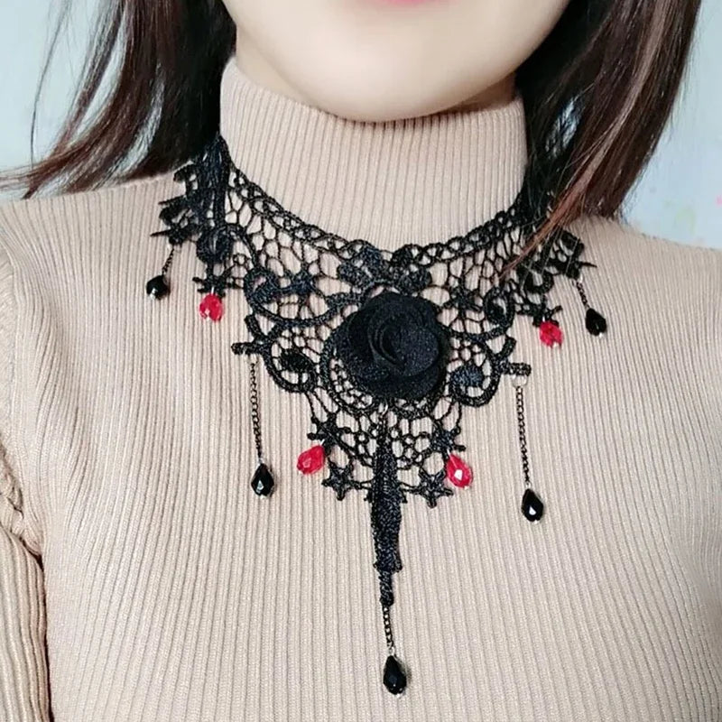 Gothic Black Lace Choker Necklace For Women Vintage Tassel Clavicle Chain Halloween Collar Choker Steampunk Party Jewelry Gift