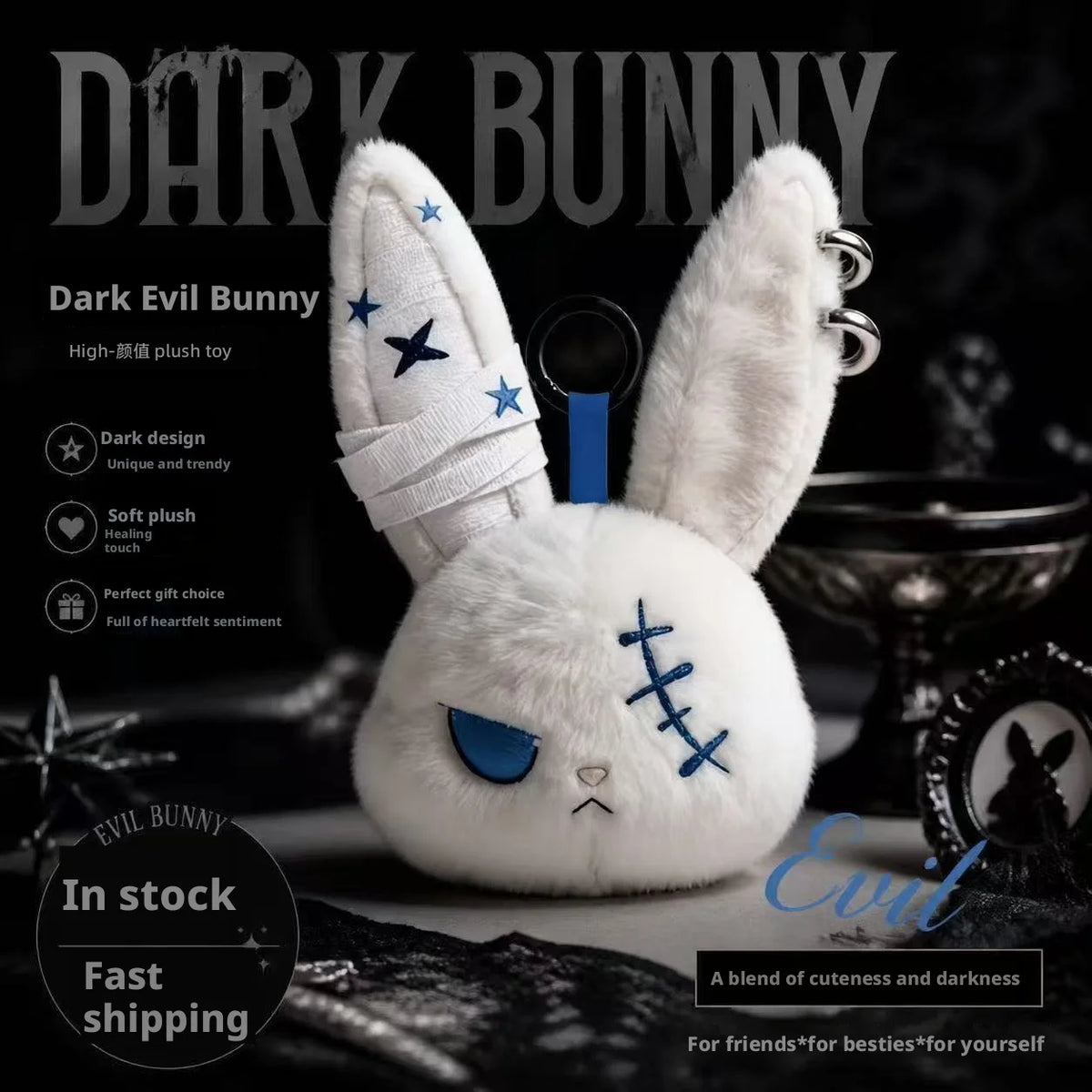 Gothic Bunny Plush Keychain RabbitBag Charm with Bandage Desian Kawaii Key Ring Pendant Car Bag Ornament Girl Child Gift To