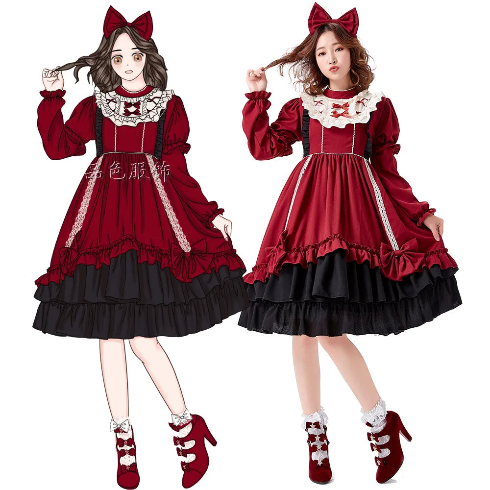 Burgundy Gothic Lolita Dress Sleeves Bowknot 3pcs Set Victorian Cosplay Anime Convention Kawaii Velvet Trim Gothic Clothing