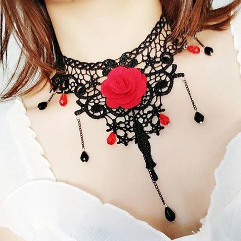 Gothic Black Lace Choker Necklace For Women Vintage Tassel Clavicle Chain Halloween Collar Choker Steampunk Party Jewelry Gift