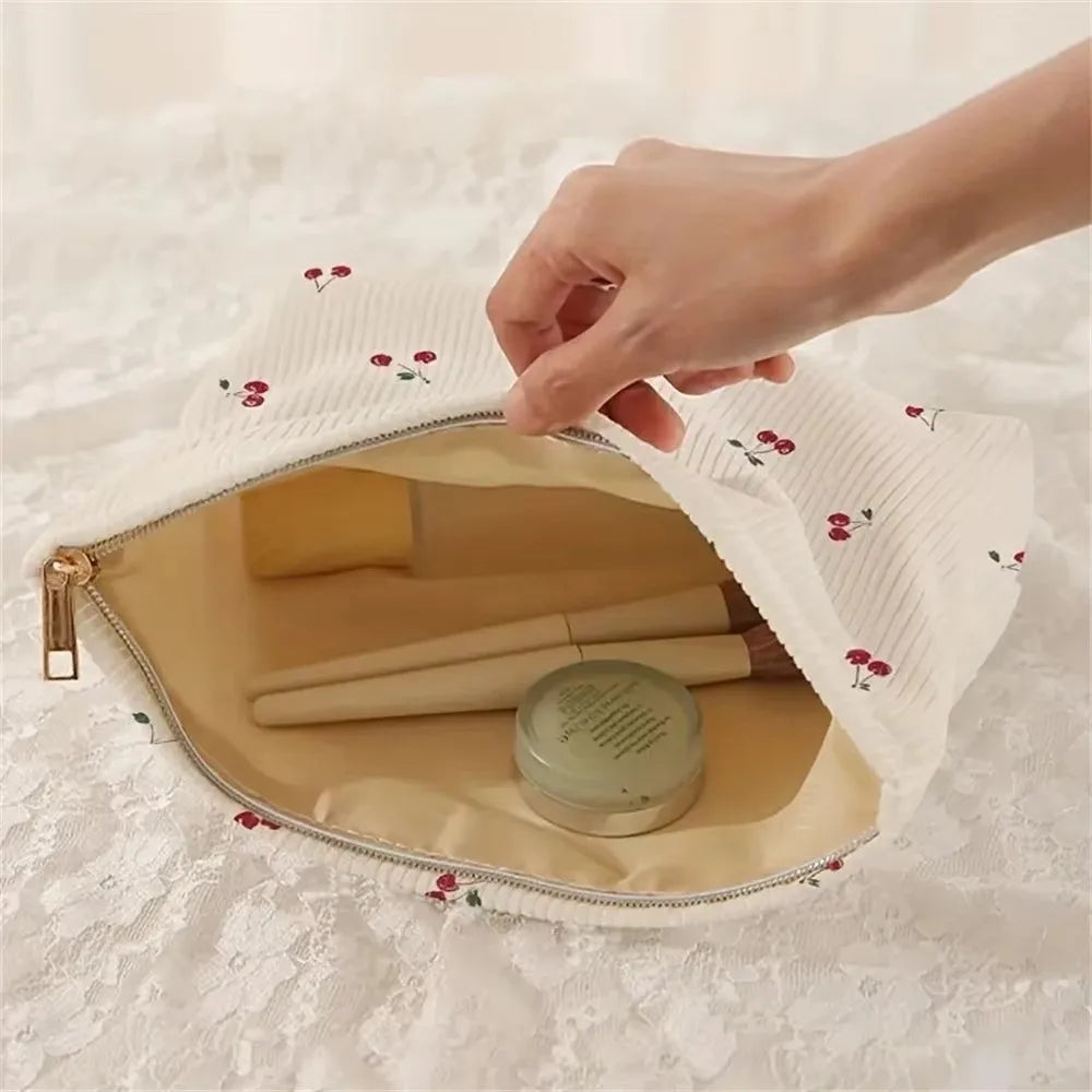 Pink Bow Corduroy Makeup Bag Corduroy Zipper Cosmetic Storage Bag Minimally Designed Lined Makeup Organizer