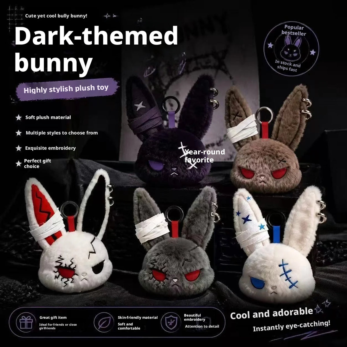 Gothic Bunny Plush Keychain RabbitBag Charm with Bandage Desian Kawaii Key Ring Pendant Car Bag Ornament Girl Child Gift To