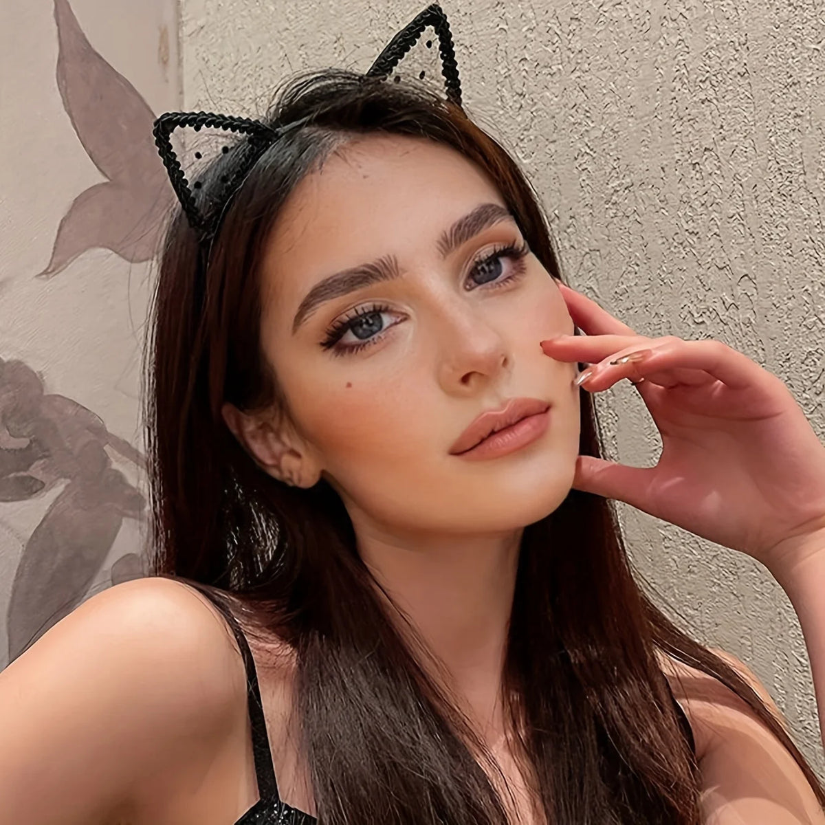 1 Black Polka Dot Cat Ear Headband - Stylish Polyester Hair Accessory, Perfect for Holidays, Parties, and Cosplay; Cute and Sexy