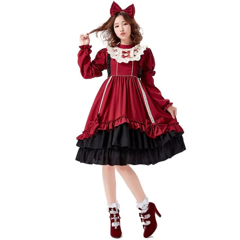 Burgundy Gothic Lolita Dress Sleeves Bowknot 3pcs Set Victorian Cosplay Anime Convention Kawaii Velvet Trim Gothic Clothing