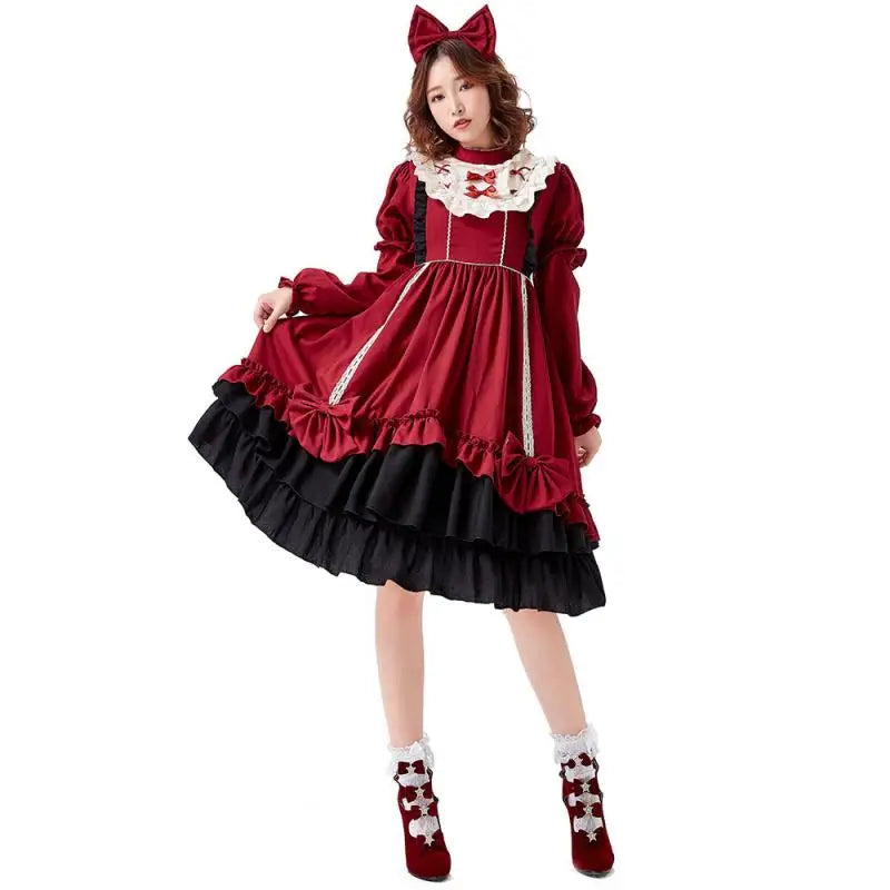 Burgundy Gothic Lolita Dress Sleeves Bowknot 3pcs Set Victorian Cosplay Anime Convention Kawaii Velvet Trim Gothic Clothing