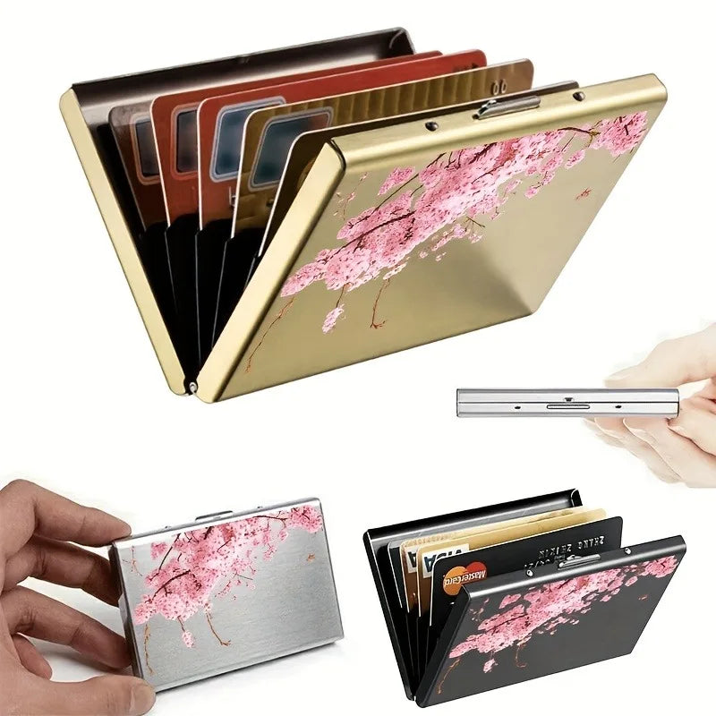 Pink cherry blossom tree branch pattern RFID anti-theft metal card holder for both men and women, safe and stylish card storage