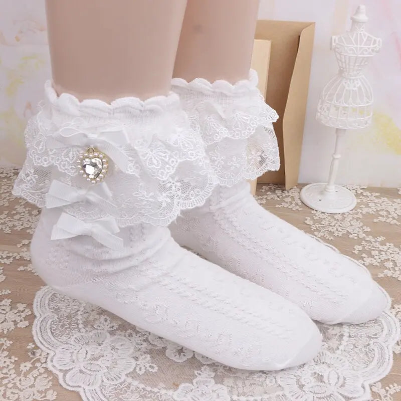 Layered Lace Lolita Socks Handmade Ankle Socks With Bow & Dangling Heart Charm Detailed Kawaii Socks For Women
