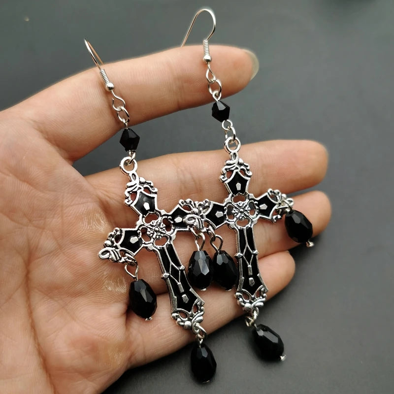 Gothic Black Cross Garnet and Crystal Chandelier Earrings Large Statement Trad Goth Witchy Jewelry Fashion Women Gift Medieval