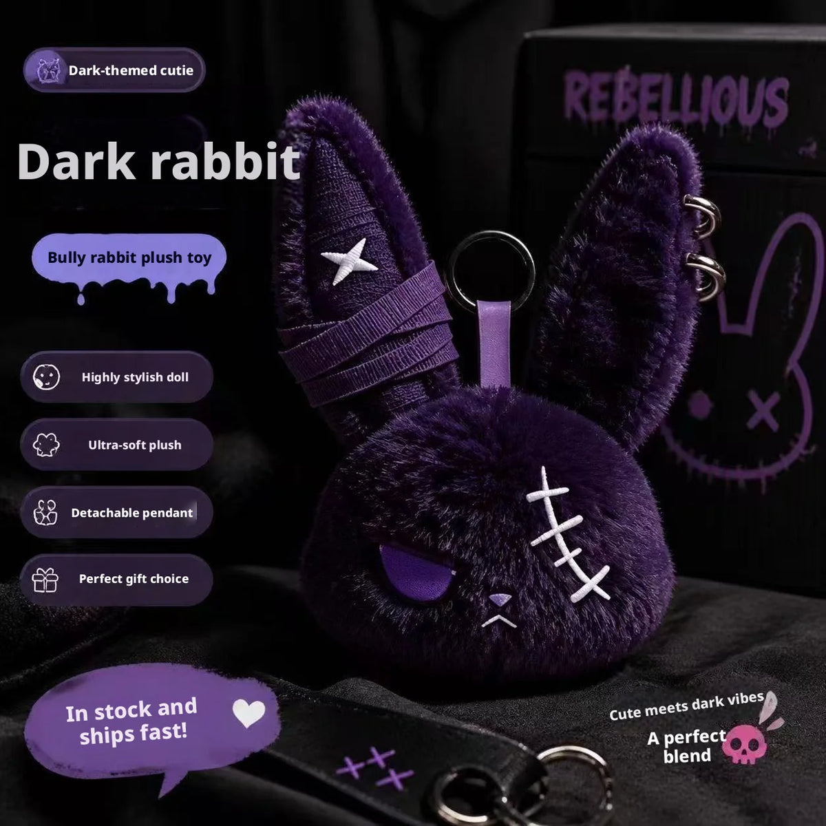 Gothic Bunny Plush Keychain RabbitBag Charm with Bandage Desian Kawaii Key Ring Pendant Car Bag Ornament Girl Child Gift To