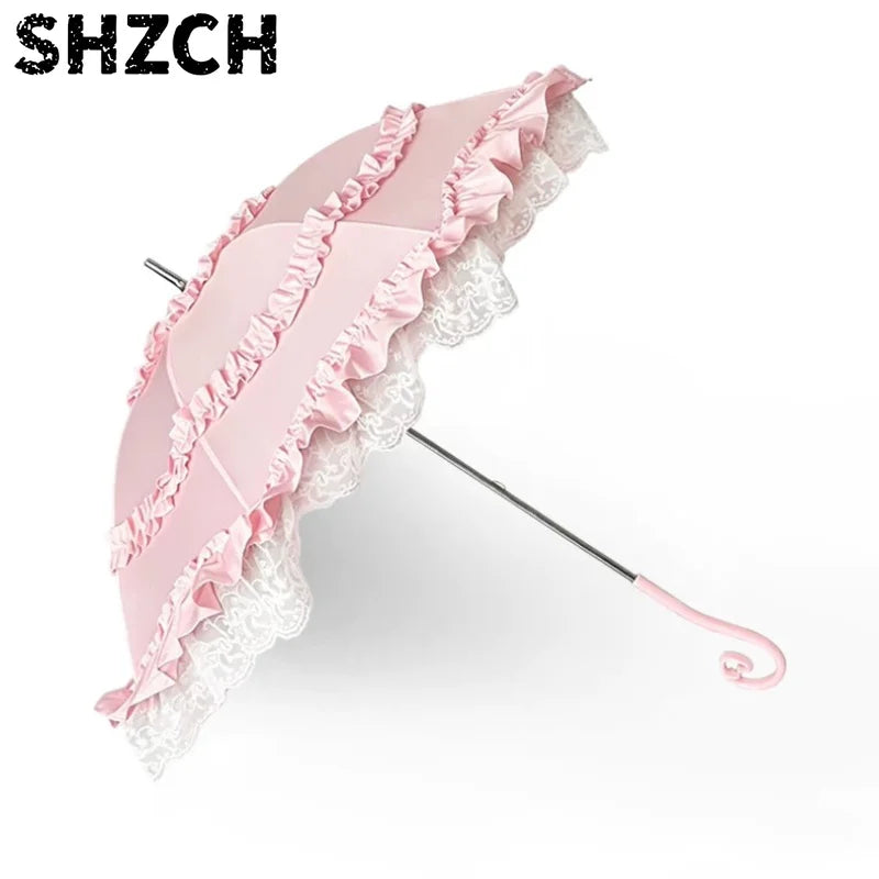 Pink Lace Lolita Umbrella, Long Handle Sun Parasol with Ruffled Edge, High Aesthetic Rain & Sun Umbrella for Women & Cosplay