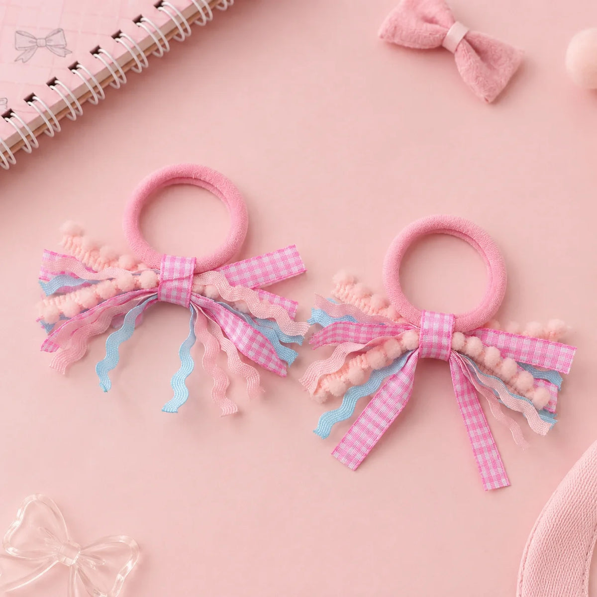2Pcs/Set Coquette Aesthetic Gingham Bow Hair Ties Y2K Cheked Wave Ribbon Hair Elastics for Girls Kawaii Ponytail Holders