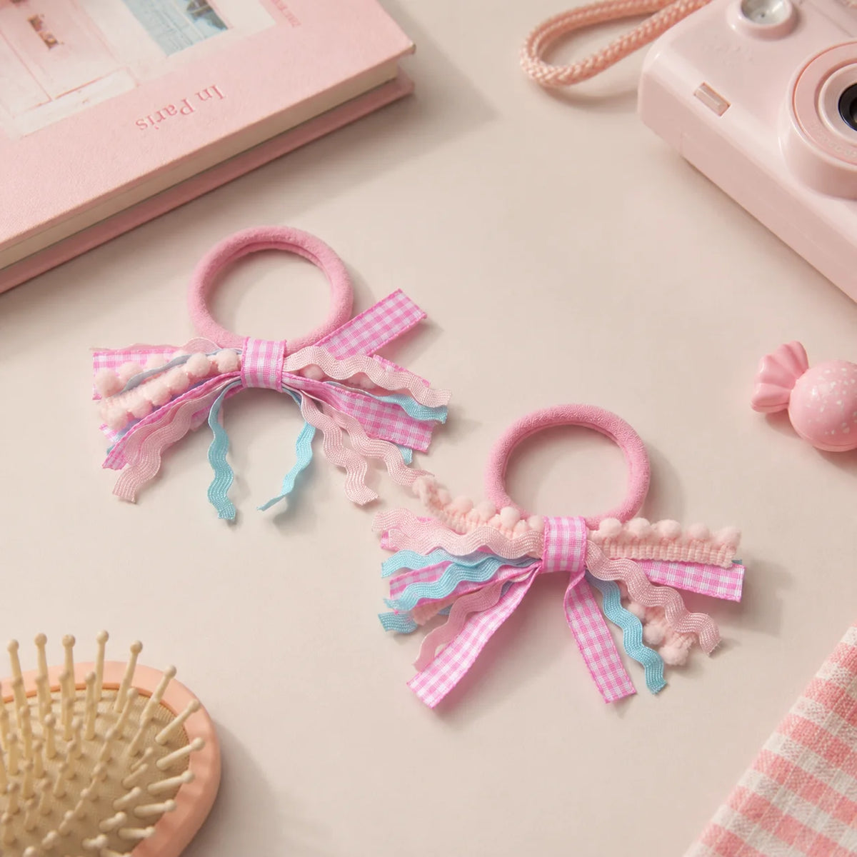 2Pcs/Set Coquette Aesthetic Gingham Bow Hair Ties Y2K Cheked Wave Ribbon Hair Elastics for Girls Kawaii Ponytail Holders