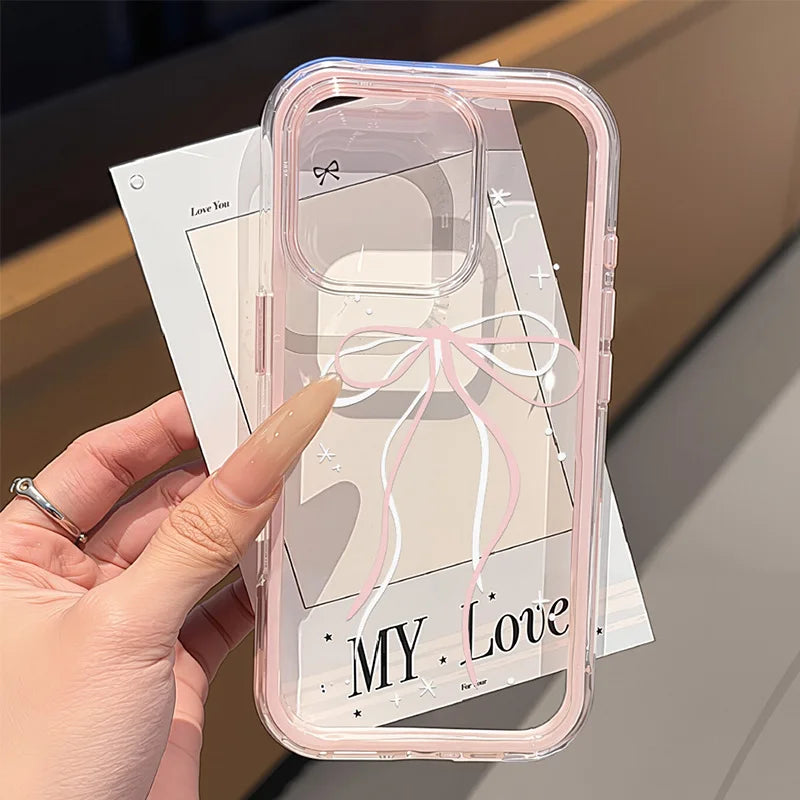 Cute Pink Bow Phone Case For iPhone 17 Pro Max Case iPhone 15 13 14 18 11 12 16 Pro Max Transparent 2 IN 1 Shockproof Soft Cover