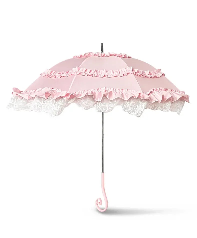 Pink Lace Lolita Umbrella, Long Handle Sun Parasol with Ruffled Edge, High Aesthetic Rain & Sun Umbrella for Women & Cosplay