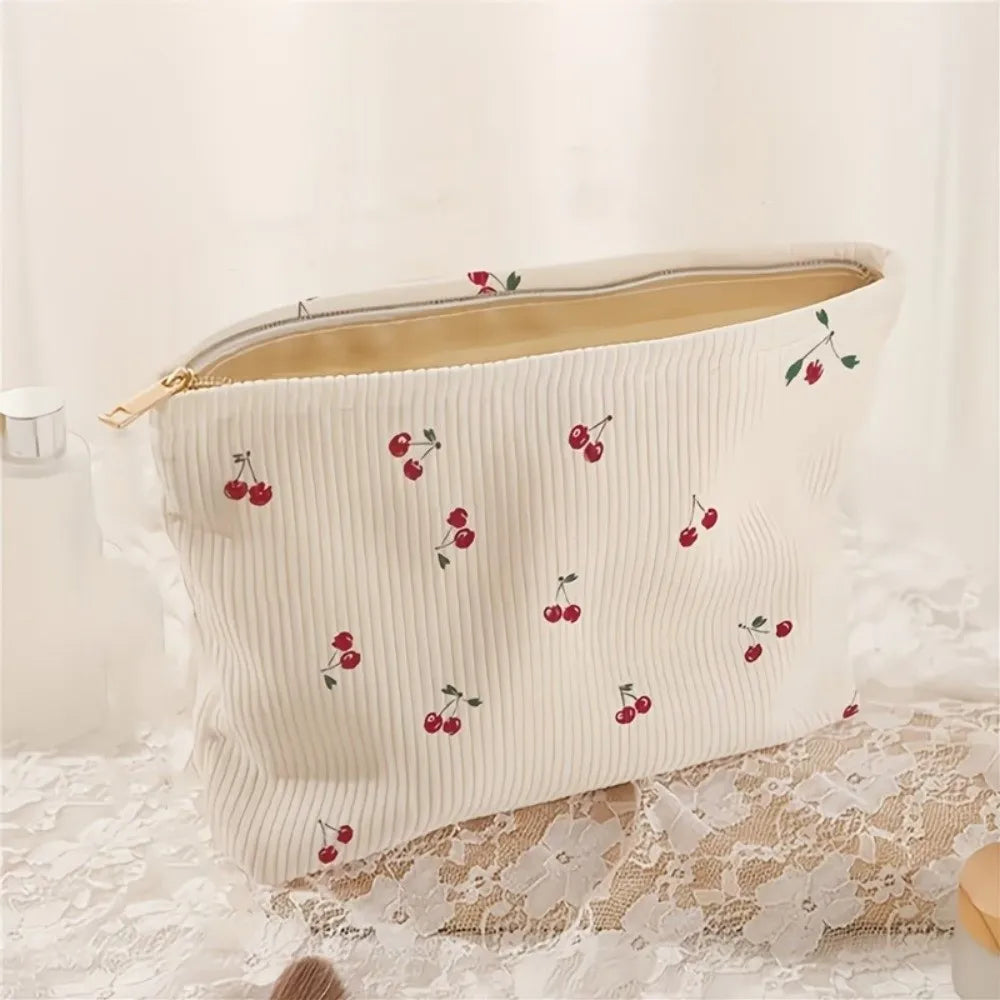 Pink Bow Corduroy Makeup Bag Corduroy Zipper Cosmetic Storage Bag Minimally Designed Lined Makeup Organizer