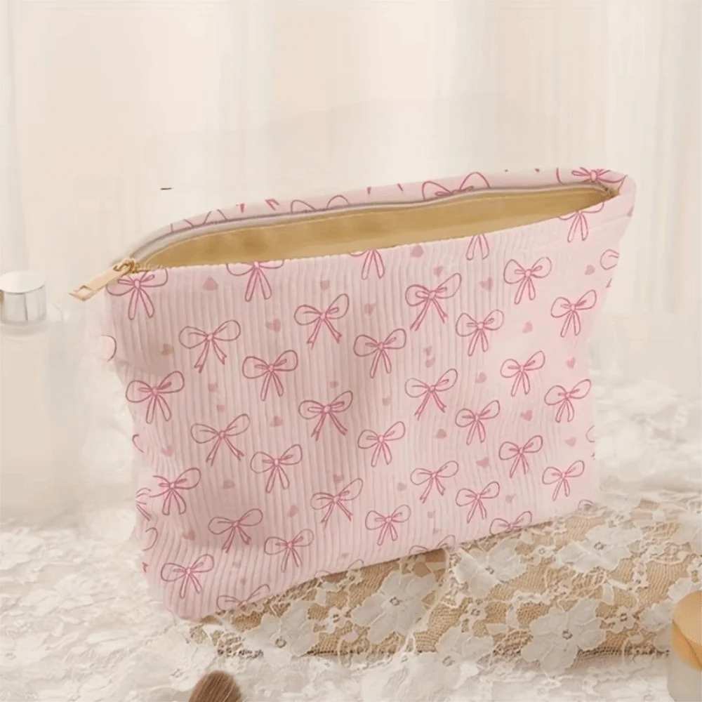 Pink Bow Corduroy Makeup Bag Corduroy Zipper Cosmetic Storage Bag Minimally Designed Lined Makeup Organizer
