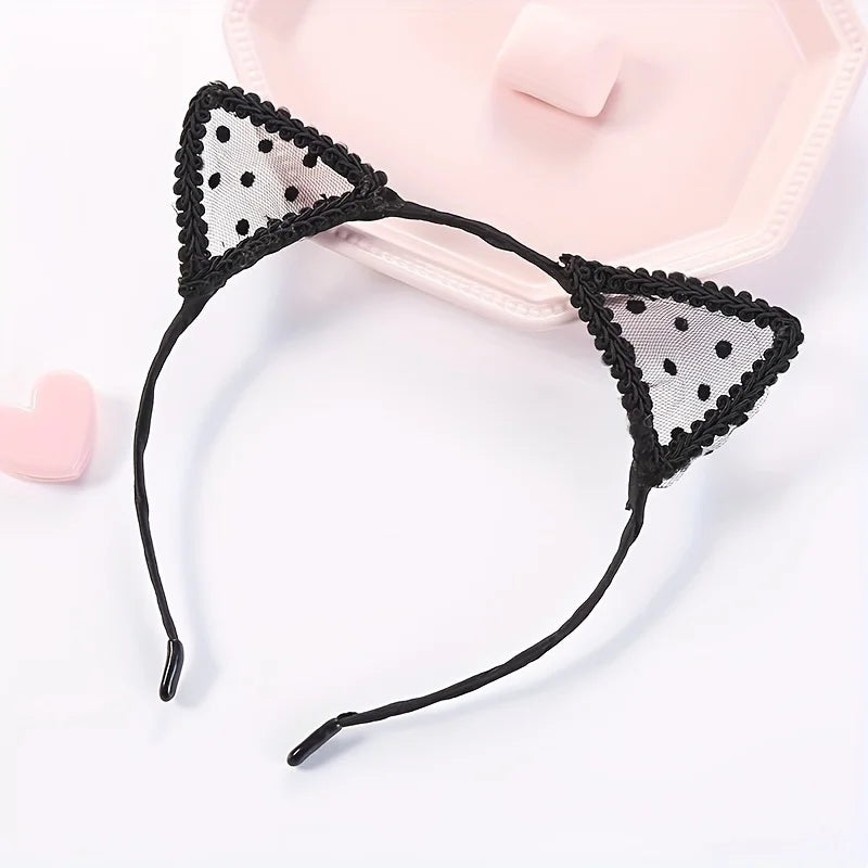 1 Black Polka Dot Cat Ear Headband - Stylish Polyester Hair Accessory, Perfect for Holidays, Parties, and Cosplay; Cute and Sexy
